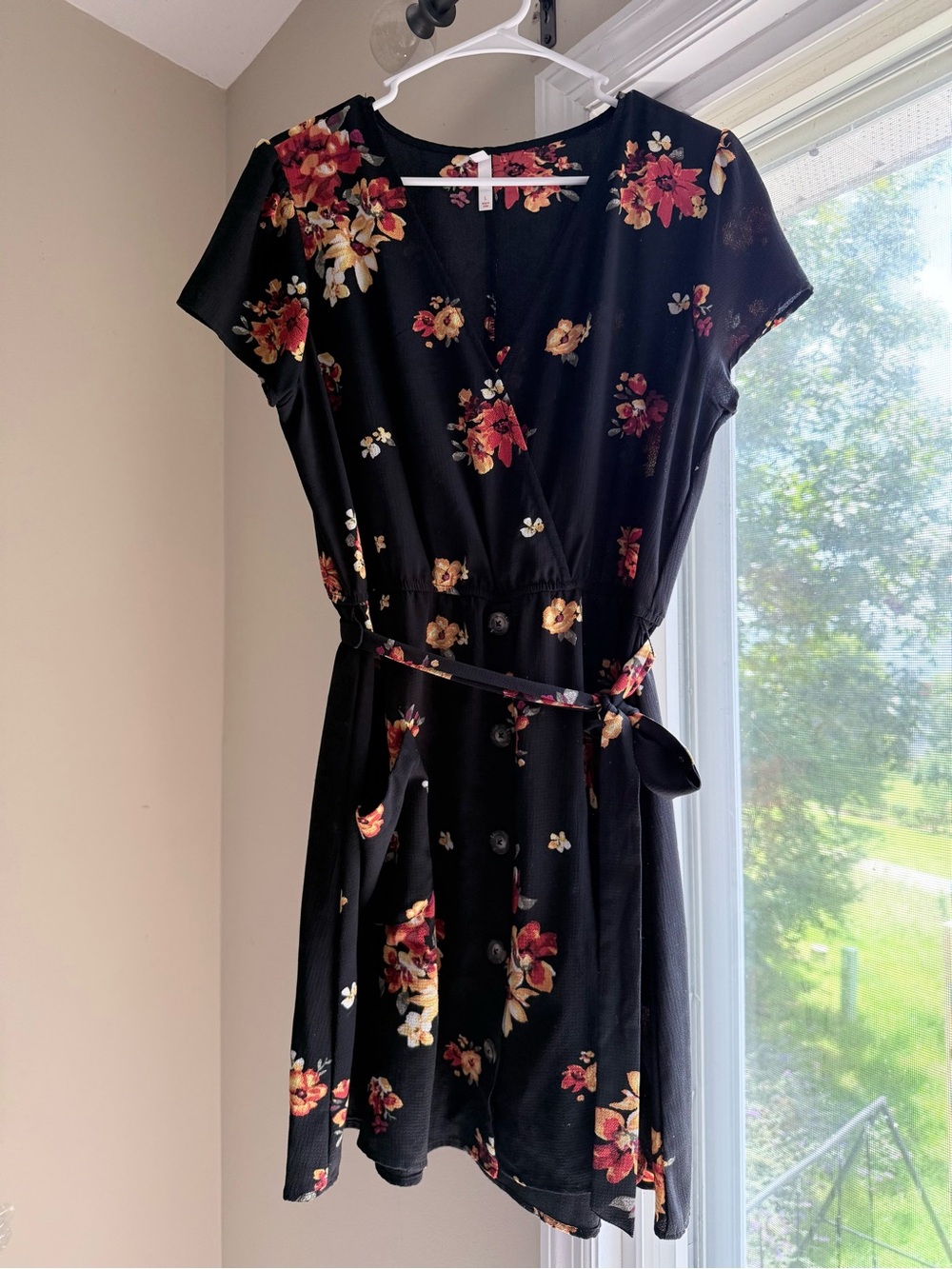 2 for $15 Xhilaration Black Floral Wrap Dress with Red and Cream Blooms